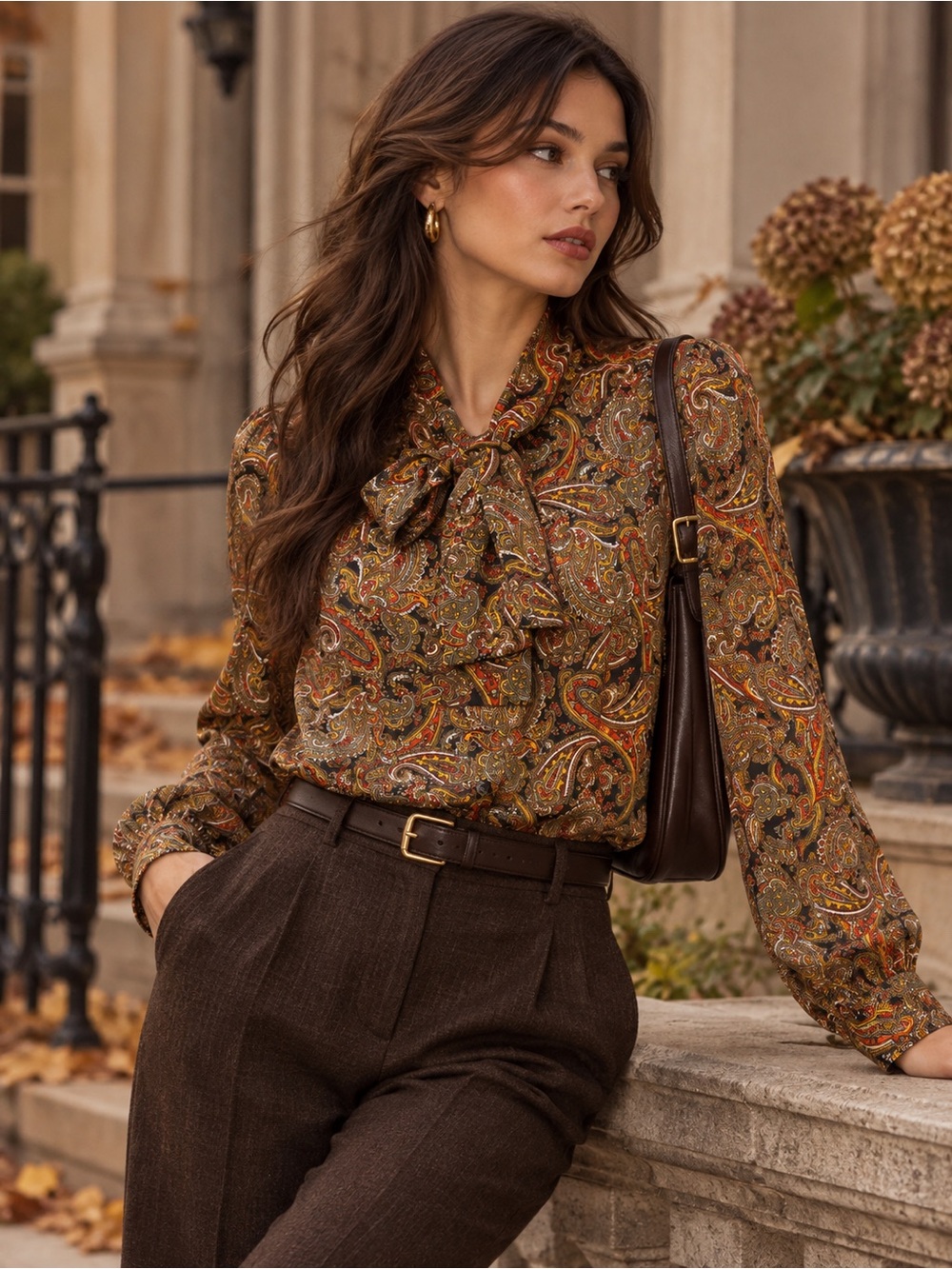 Michael Kors Paisley  Neck Tie Bow Blouse Brown  Elevated Workwear Small